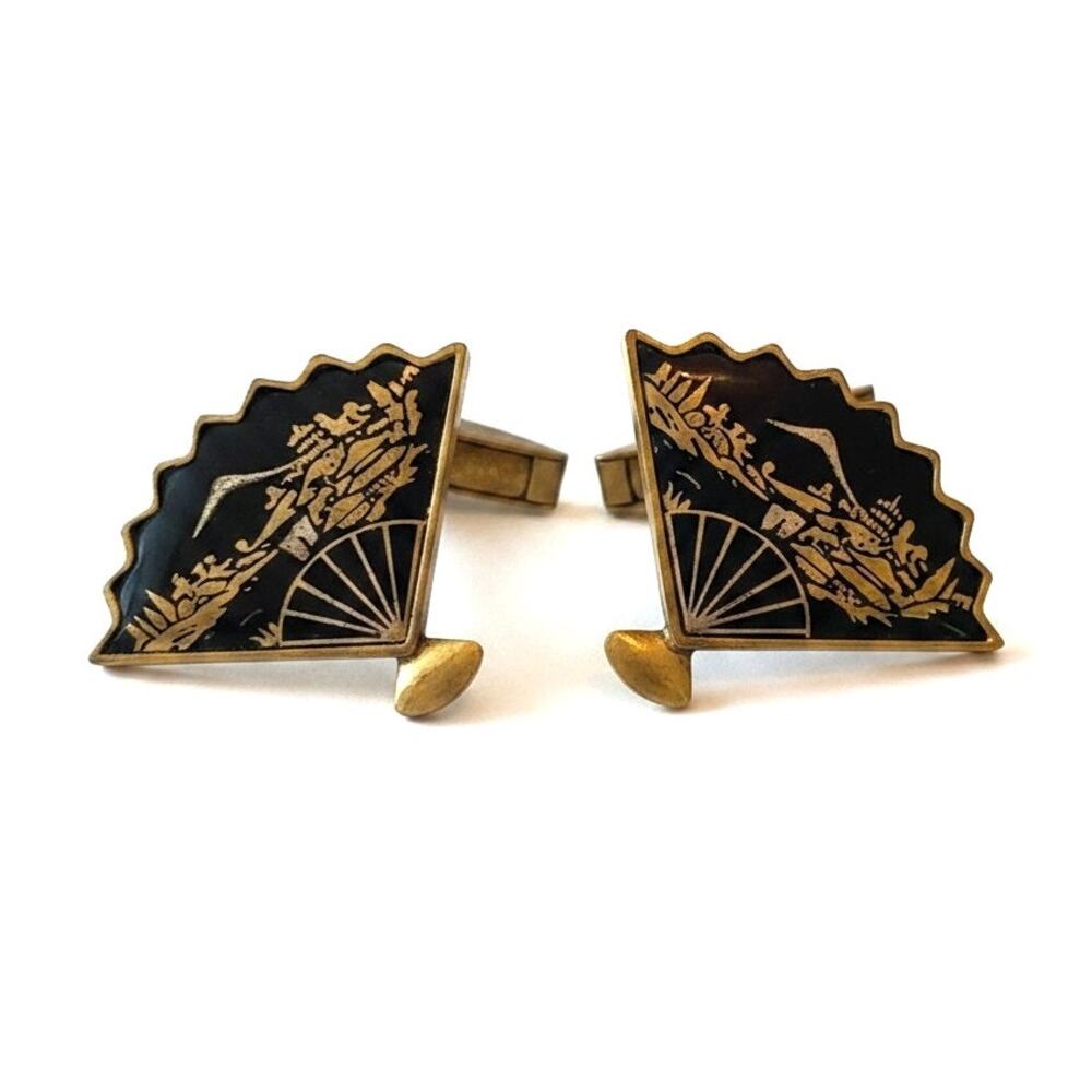 Vintage Amita Japanese Damascene Shakudo Fan Cufflinks – 24K Gold Inlay Crane